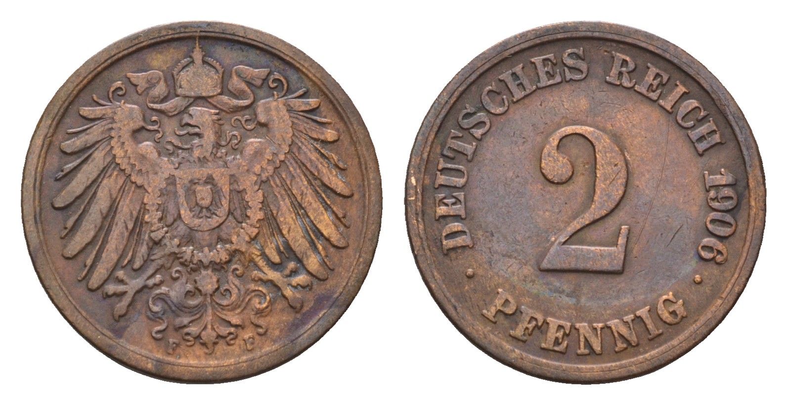 Германия 2 пфеннига 1906 F, Вильгельм II (1888-1918) KM 16, J. 11 медь 4684-1118