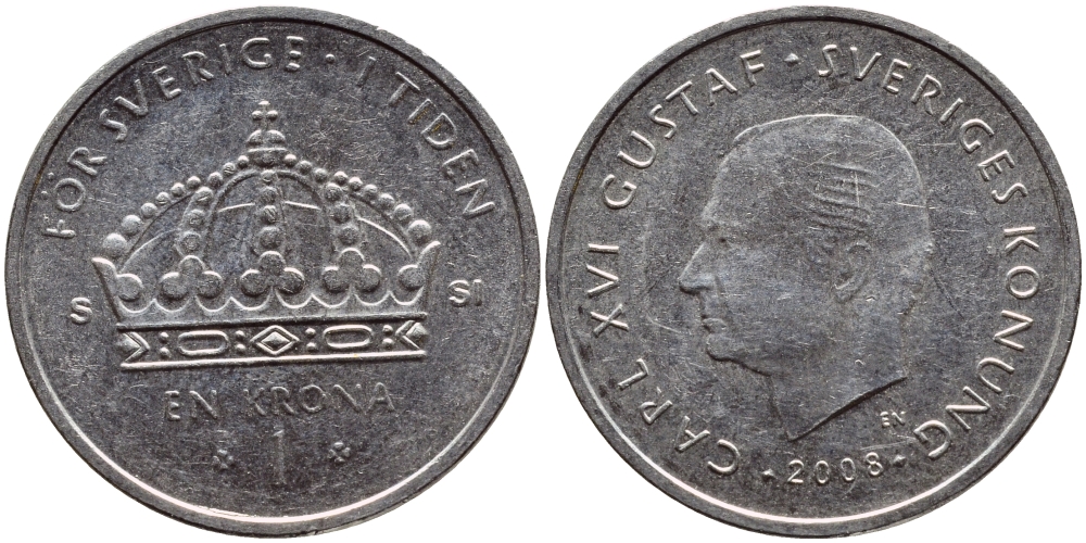 Швеция 1 крона 2008 Карл XVI Густав (1973- ) KM 894 медно-никель 85-135