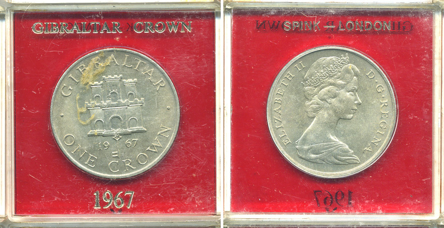 Гибралтар 1 крона 1967 Елизавета II (1952-2022), старый замок, в оригинальной пластиковой коробке, первый год чекана KM 4 медно-никель UNC 6-6-1-6