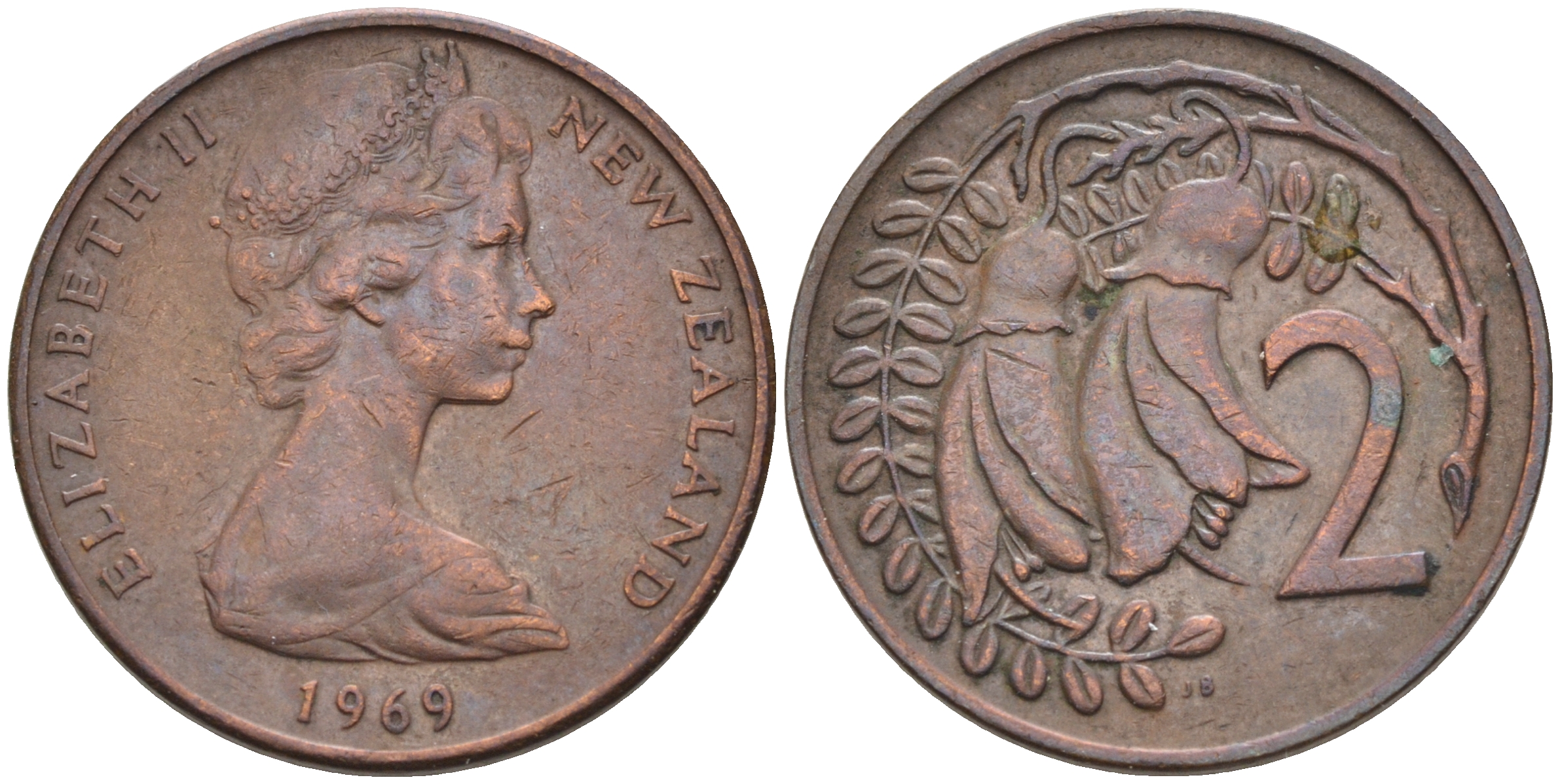 Новая Зеландия 2 цента 1969 Елизавета II (1952-2022), два цветка кохаи KM 32.1 бронза 4588-416