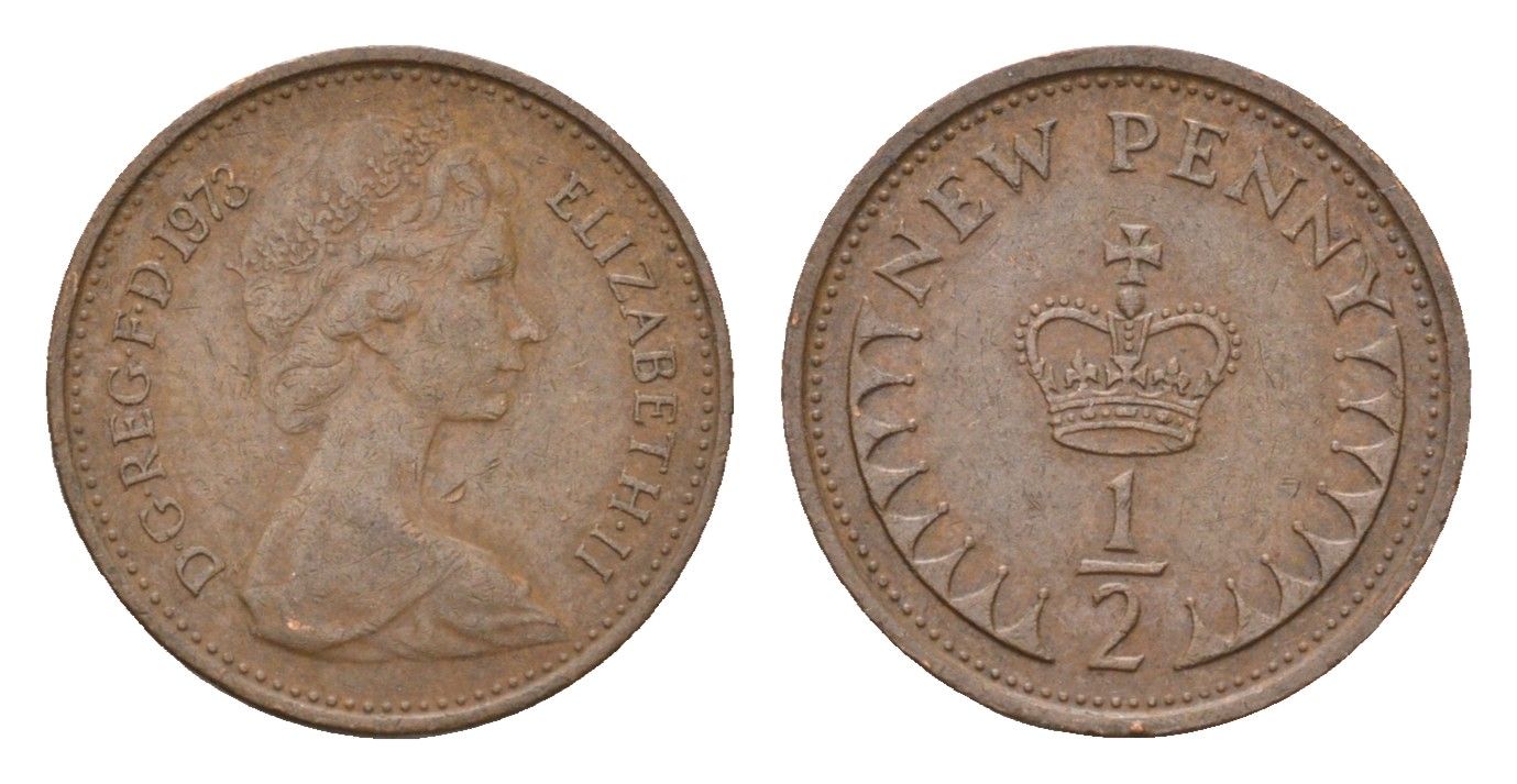 Великобритания 1/2 нового пенни 1973 Елизавета II (1952-2022) KM 914, Spink 4239 бронза 4674-424