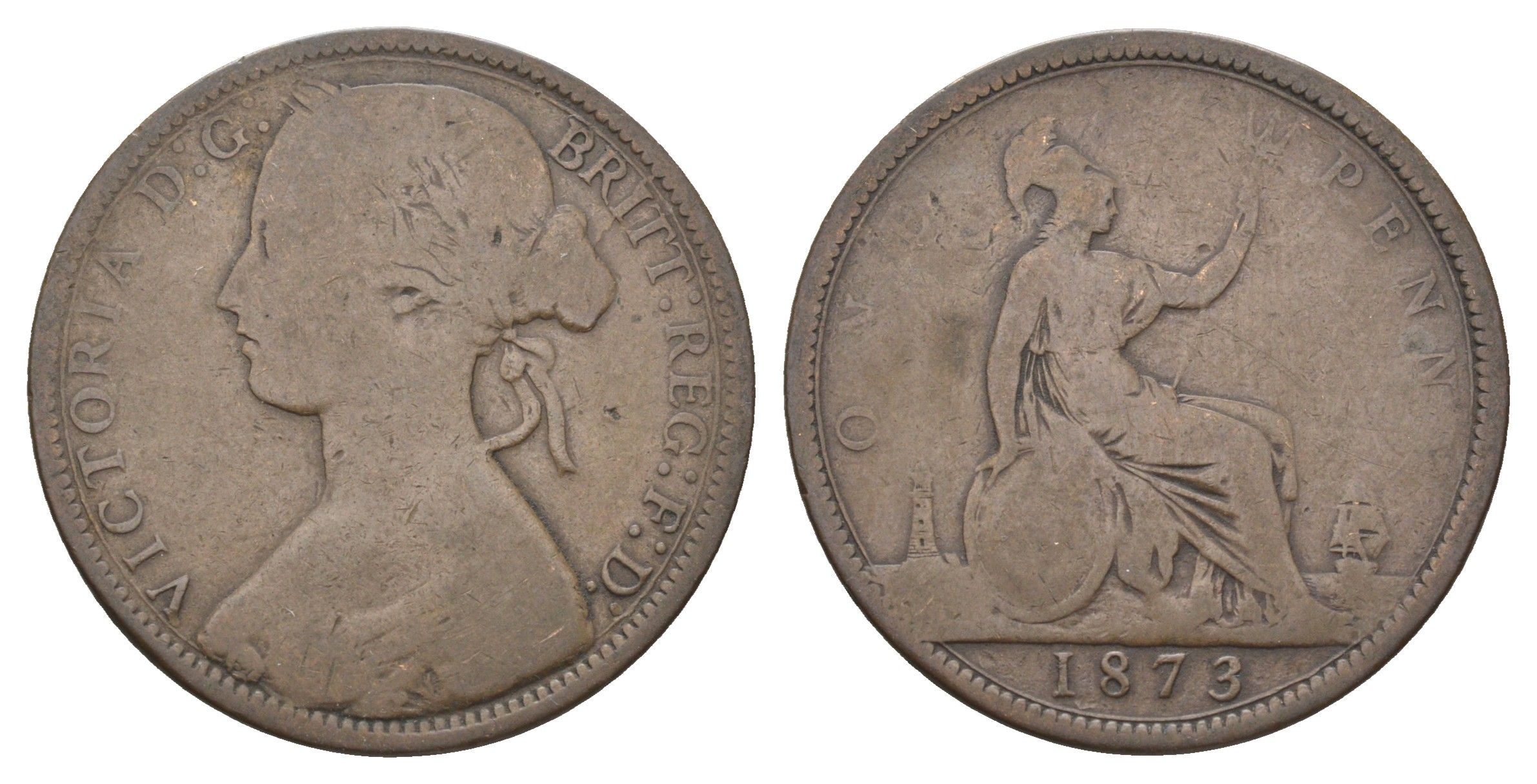 Великобритания 1 пенни 1873 Виктория (1837-1901) KM 749.2, Spink 3954 бронза 4661-342