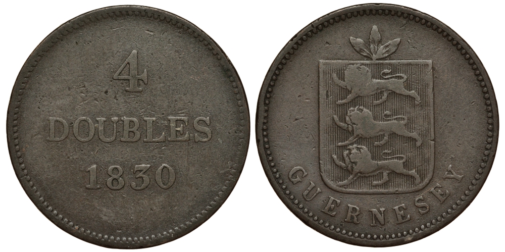 Гернси 4 дабла (дубля) 1830 KM 2 медь 650-114