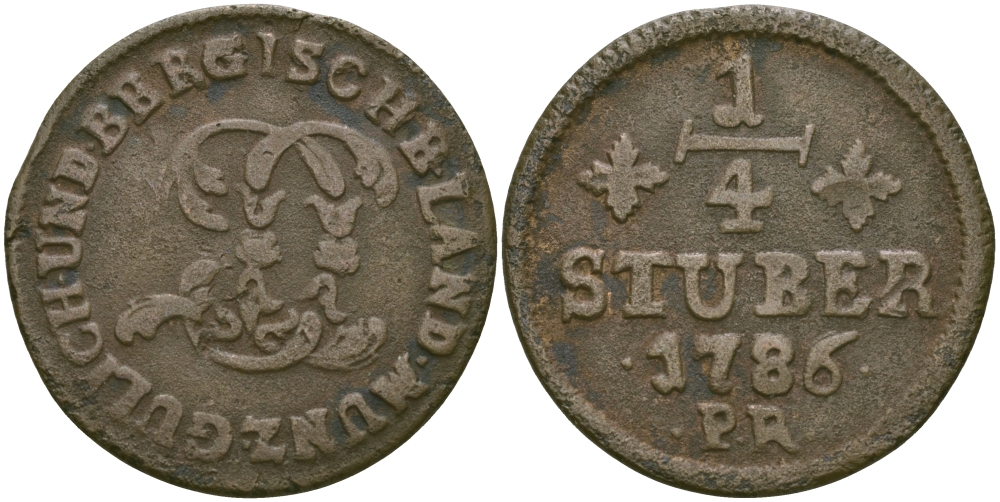 Юлих-Берг 1/4 штюбера 1786 PR KM 205 медь 65-747