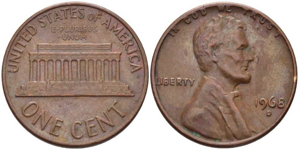США 1 ЦЕНТ 1968 D, ЛИНКОЛЬН KM 201 медь цинк 66-1012