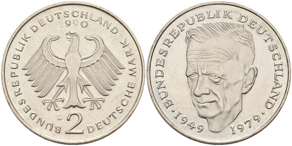 ФРГ 2 марки 1990 D, Курт Шумахер KM 149, J.424 медно-никель плакированный никелем 4574-511