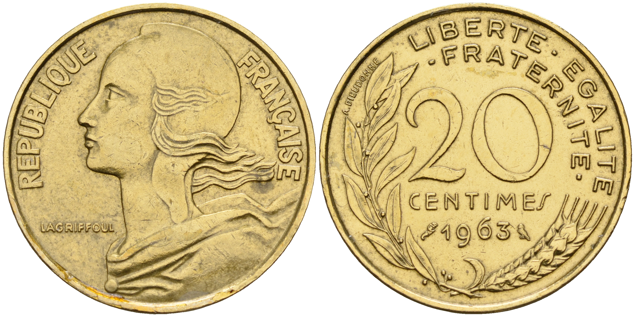 Франция 20 сантимов 1963 тип Марианна KM 930 медь алюминий никель    4153-354