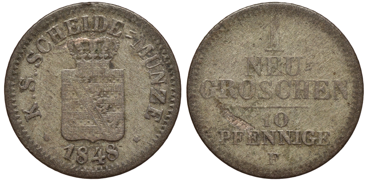 Саксония 1 новый грош - 10 пфеннигов 1848 Фридрих Август II (1797-1854) KM 1159, J. 82 серебро 75-128