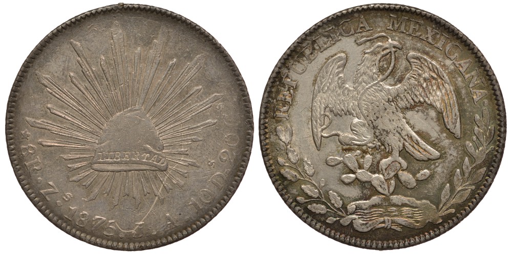 Мексика 8 реалов 1875 МО, монетный двор Zs (Сакатекас), красивая золотисто-голубая патина KM 377.13 серебро 00-803-74