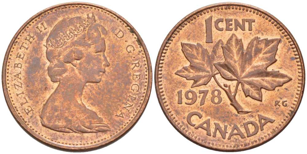 Канада 1 цент 1978 Елизавета II (1952-2022), кленовый лист KM 59.1 бронза 54-945