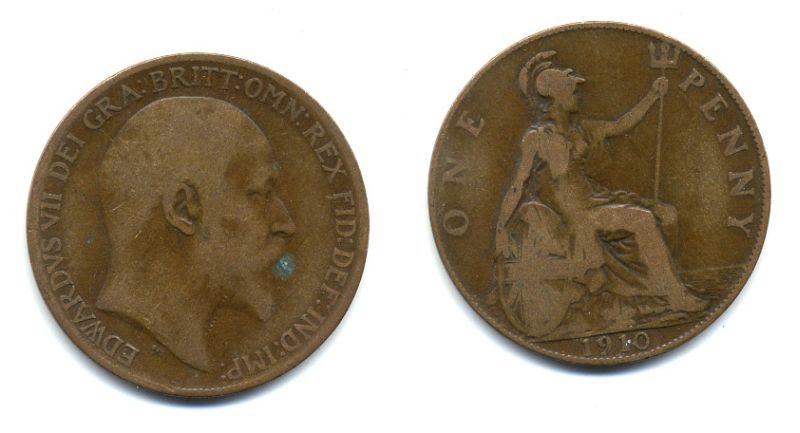 Великобритания 1 пенни 1910 Эдуард VII (1901-1910) KM 794.2, Spink 3990 бронза 47-816