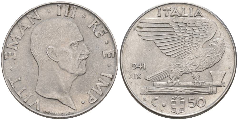ИТАЛИЯ 50 ЧЕНТЕЗИМО 1941 R, ГОД XIX, ВИКТОР ЭММАНУИЛ III (1900-1946) KM 76b, VEM3. 1063 нержавеющая сталь 3853-332