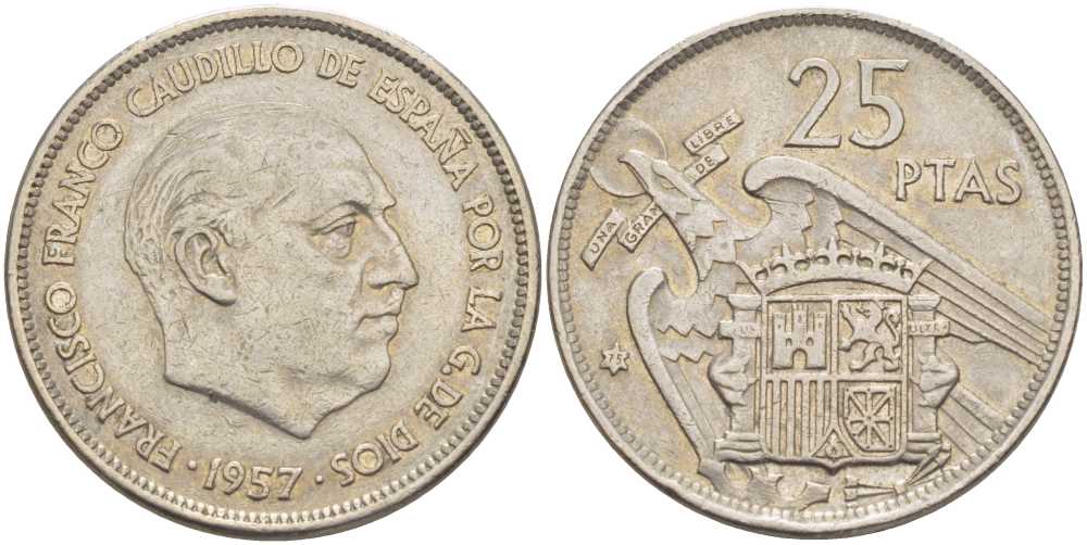 ИСПАНИЯ 25 ПЕСЕТ 1957 (75) ФРАНСИСКО ФРАНКО ДИКТАТОР ИСПАНИИ (1939-1975) KM 787 медно-никель 97-1135