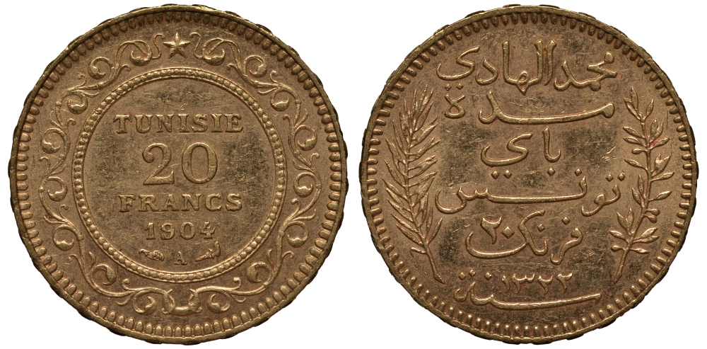 Тунис 20 франков 1904 KM 234 золото 00-809-63