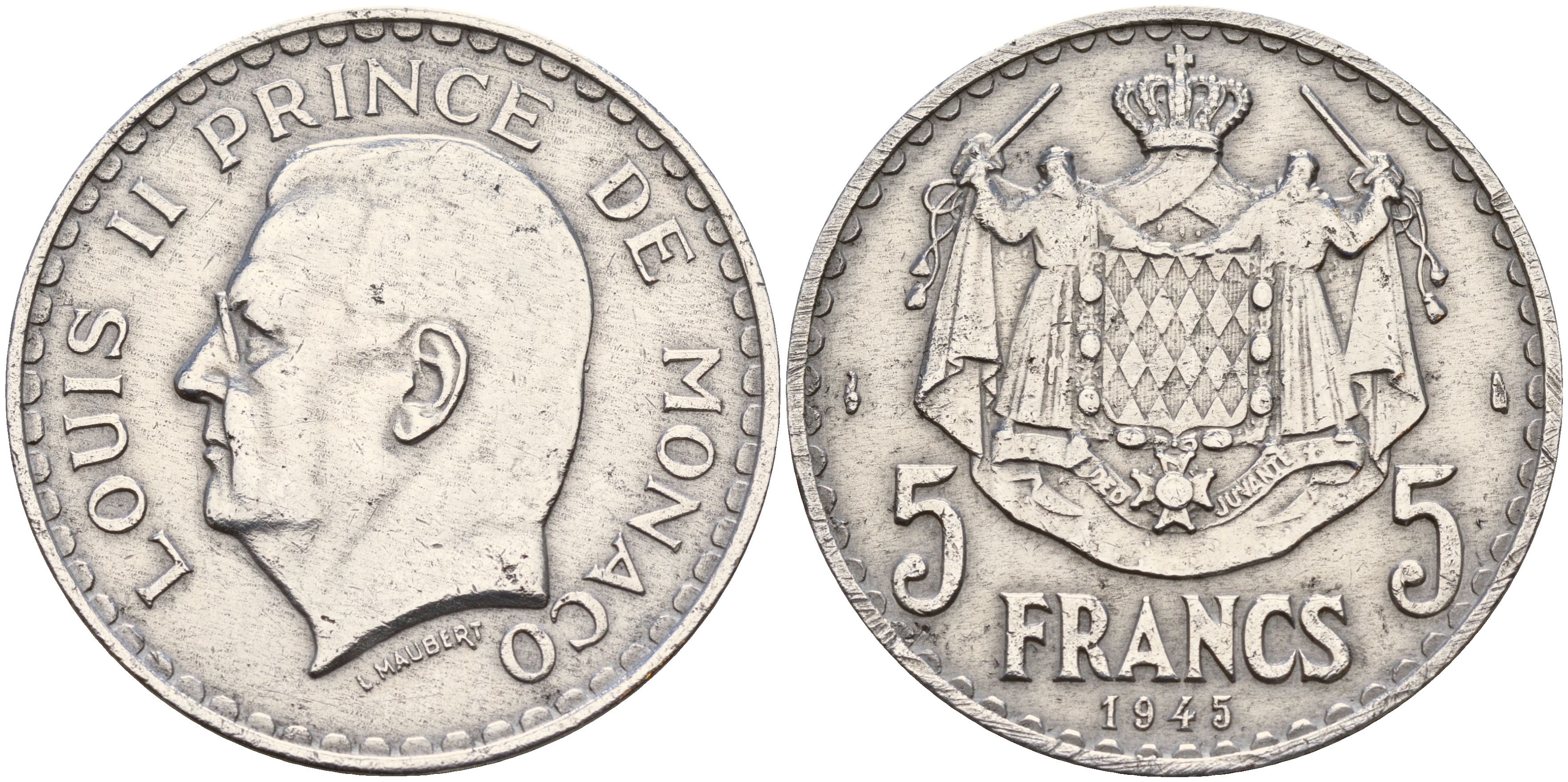 Монако 5 франков 1945 Луи II (1922-1949) KM 122 алюминий 4117-114