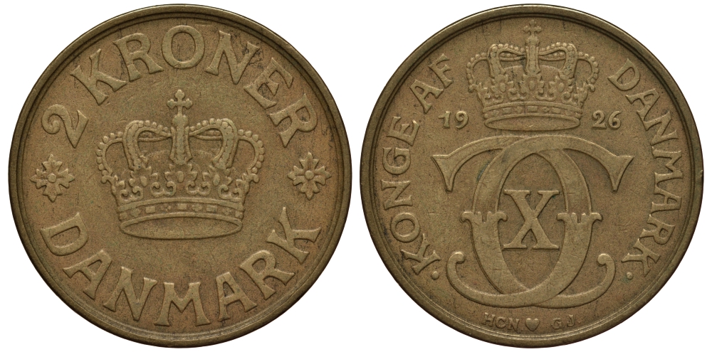ДАНИЯ 2 КРОНЫ 1926 HCN; GJ, КРИСТИАН X (1912-1947) KM 825.1 алюминиевая бронза 38-433