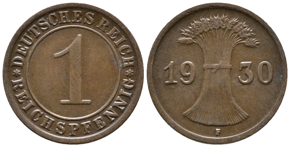 ГЕРМАНИЯ 1 РЕЙХСПФЕННИГ 1930 F KM 37, J. 313 бронза 39-1046