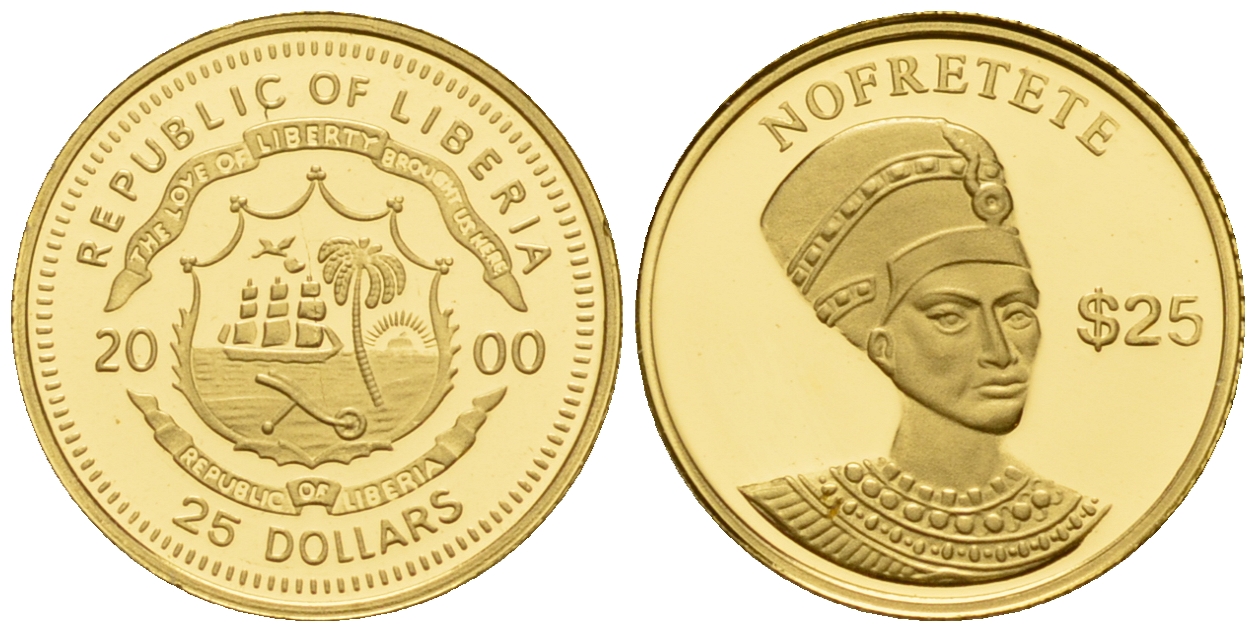 Либерия 25 долларов 2000 Нефертити  золото  PROOF  00-815-12