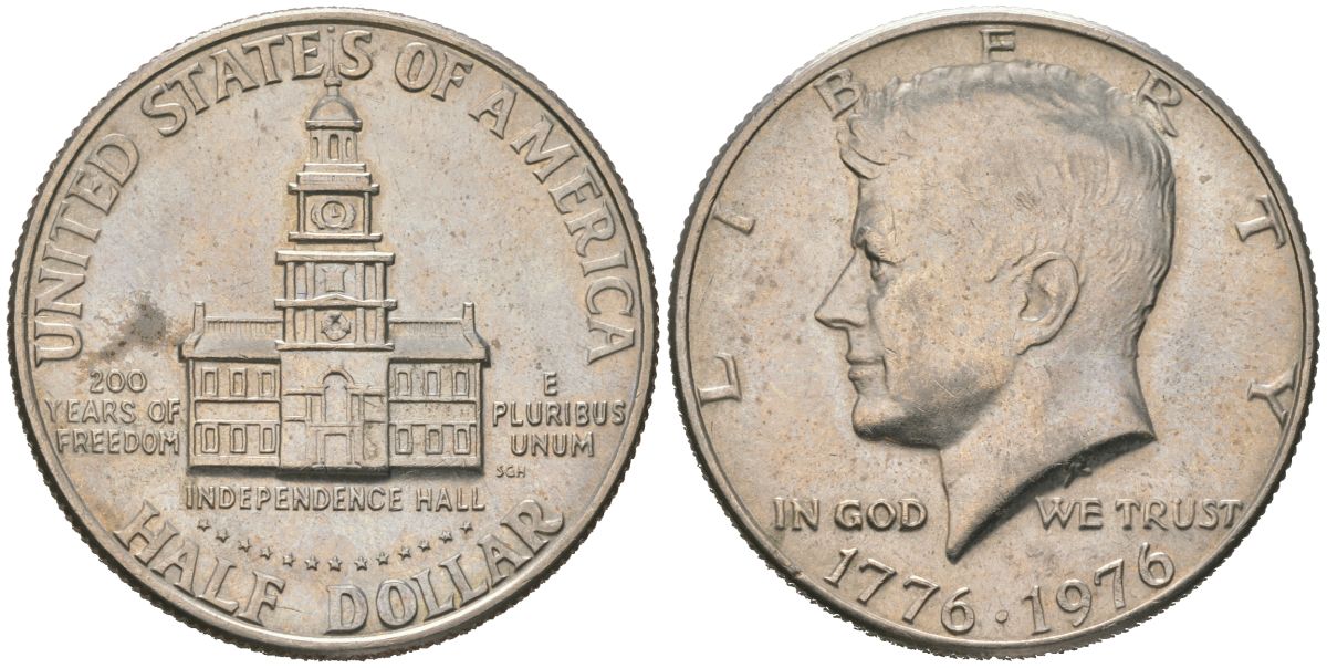 США 1/2 доллара (50 центов) 1976 200 лет независимости США KM 205 медь плакированная медно-никелем UNC 3855-324