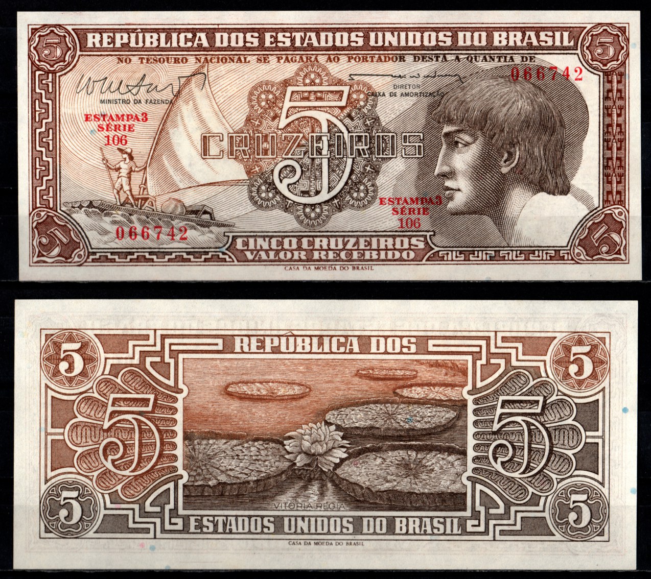 Бразилия 5 крузейро ND (1961-1962)  Pick 166 b  бумага UNC (пресс) 7200-11-3