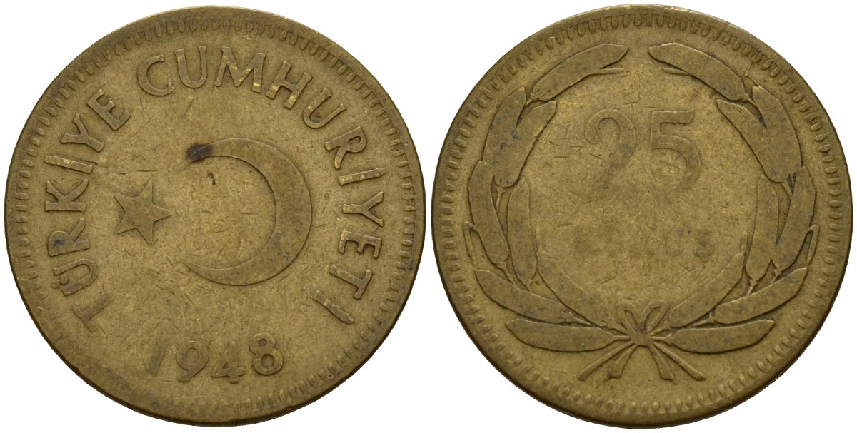Турция 25 курушей 1948 KM 886 латунь 4156-751