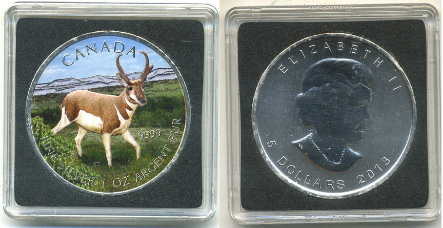 Канада 5 долларов 2013 серия Животный мир Канады, антилопа, в оригинальной коробке с сертификатом тираж 5000 экз., цветная эмаль серебро UNC 5-5-1-10