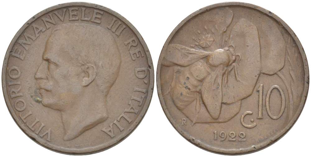 ИТАЛИЯ 10 ЧЕНТЕЗИМО 1922 R, МОНДВОР РИМ, ВИКТОР ЭММАНУИЛ III (1900-1946) KM 60 медь 4525-245