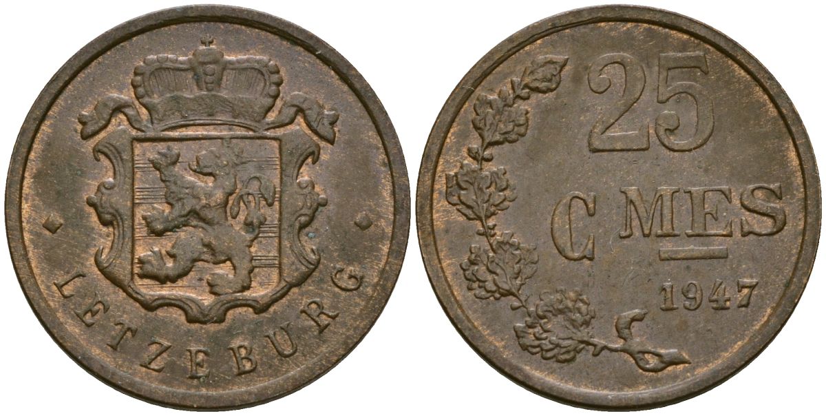 Люксембург 25 сантимов 1947 Шарлотта (1918-1964) KM 45 бронза 4136-526