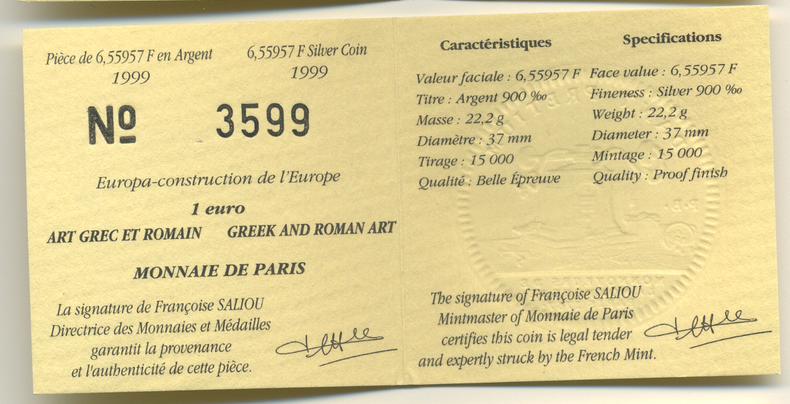 Франция 1 евро = 6,55957 франков 2000 греко-романский стиль в архитектуре (1000 до н.э.- 476 н.э.) в коробке с сертификатом KM 1244 серебро PROOF 4-3-3-13