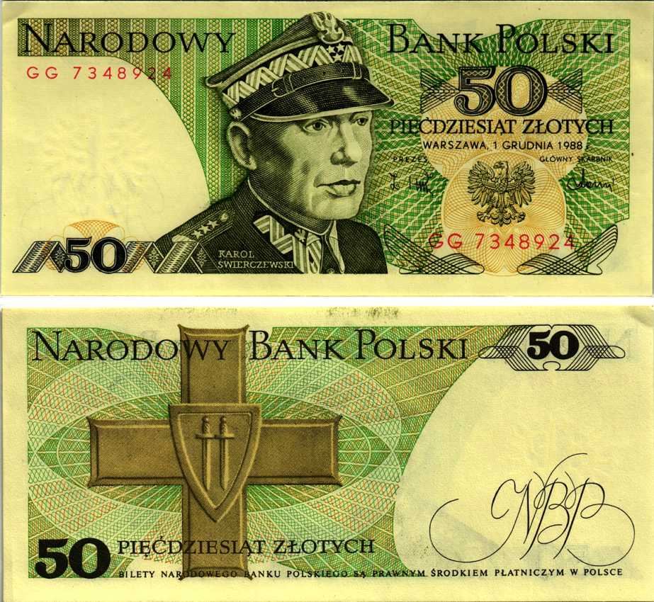 Польша 50 злотых 1988 Кароль Сверчевский, знак Грюнвальдского ордена Pick 142 c бумага аUNC 8607-73-1-2