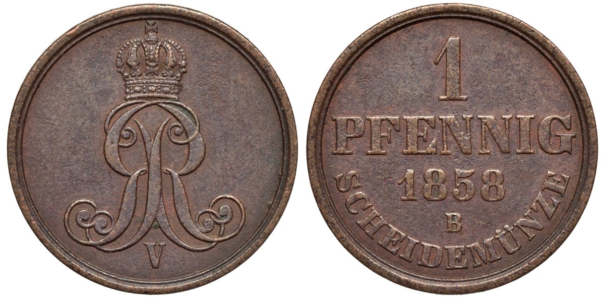 Ганновер 1 пфенниг 1858 B, Георг V KM 233, AKS 156, J. 90 медь 4594-213