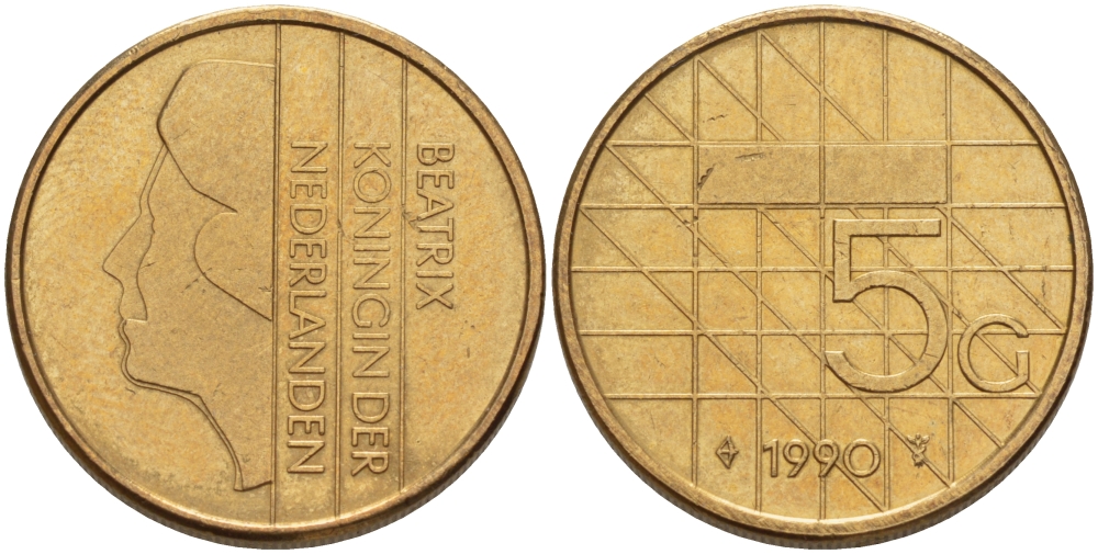 НИДЕРЛАНДЫ 5 ГУЛЬДЕНОВ 1990 БЕАТРИКС KM 210 никель плакированный бронзой 67-625