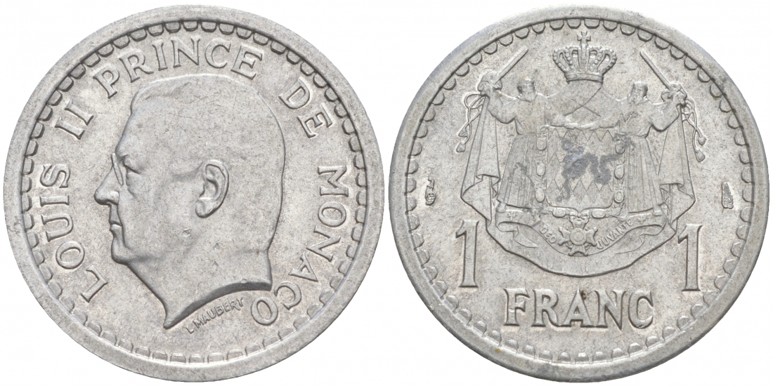 Монако 1 франк 1943 Луи II (1922-1949) KM 120 алюминий UNC 73-342