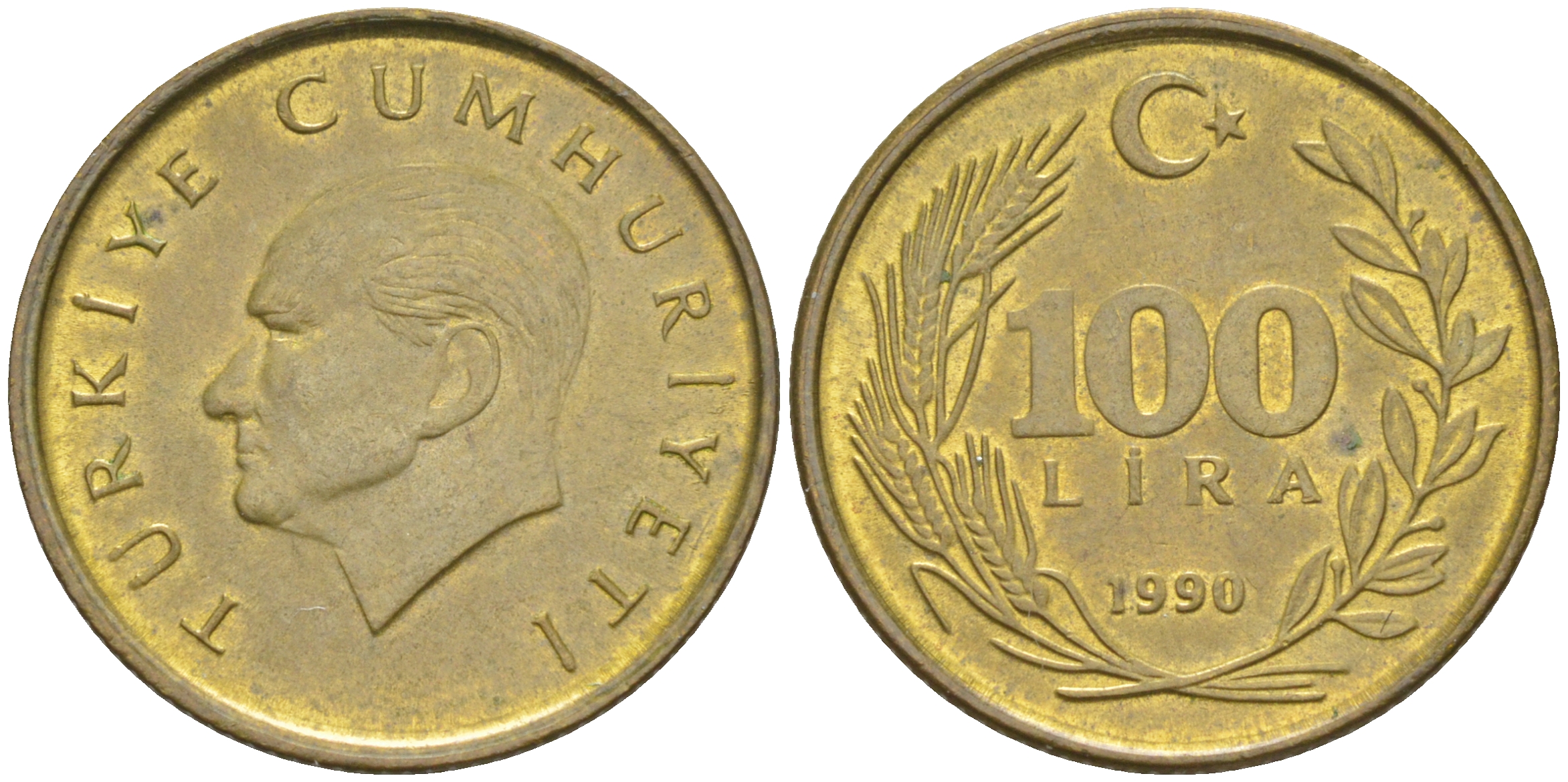 Турция 100 лир 1990 Кемаль Ататюрк KM 988 алюминиевая бронза 106-712