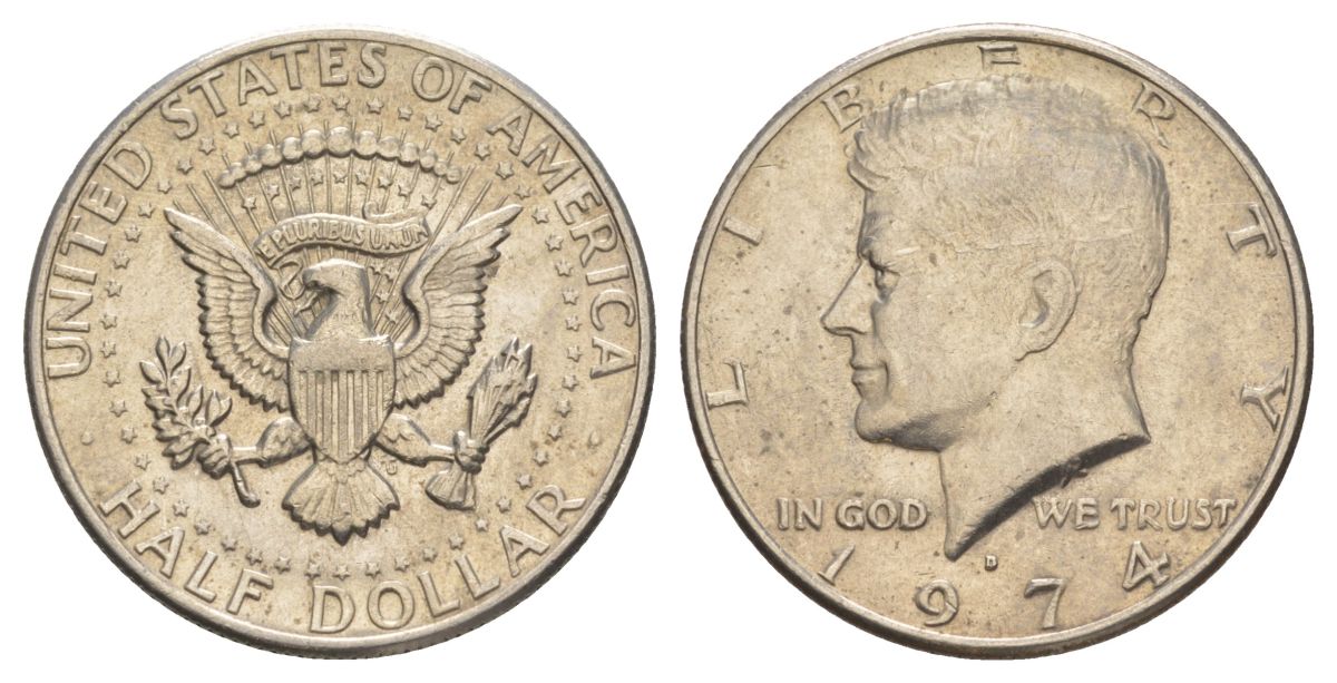 США 1/2 доллара (50 центов) 1974 D, Джон Кеннеди KM 202b медь плакированная медно-никелем aUNC 4123-813