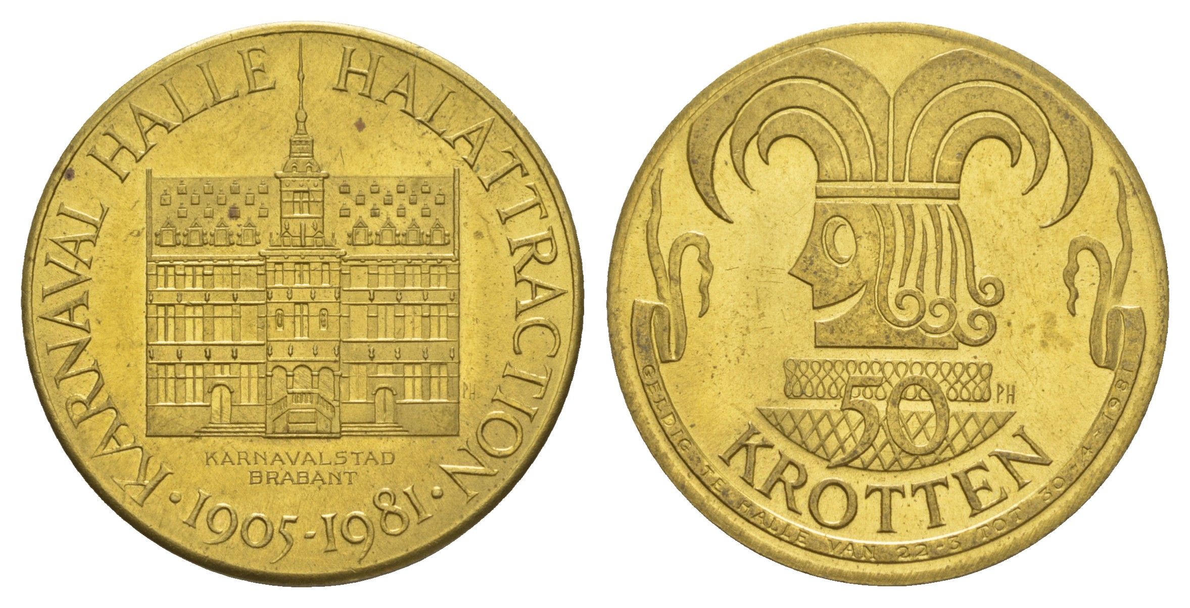 Бельгия, Халле 50 кроттен 1981 диаметр 30 мм, вес 8,8 гр латунь aUNC 4653-436