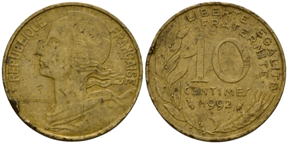 Франция 10 сантимов 1992 тип Marianne KM 929 алюминиевая бронза 4390-854