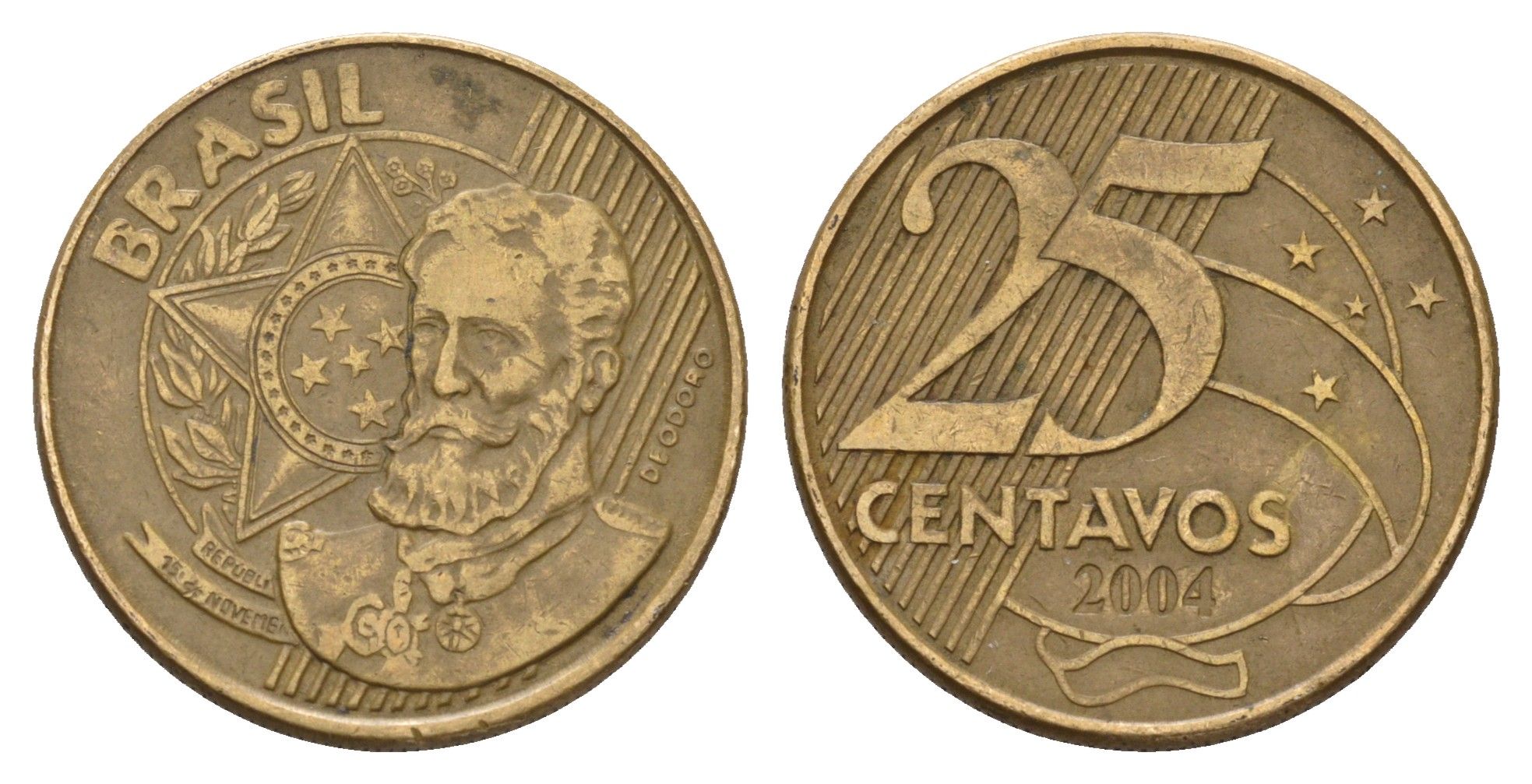 Бразилия 25 сентаво 2004 KM 650 сталь плакированная латунью 3459-1053