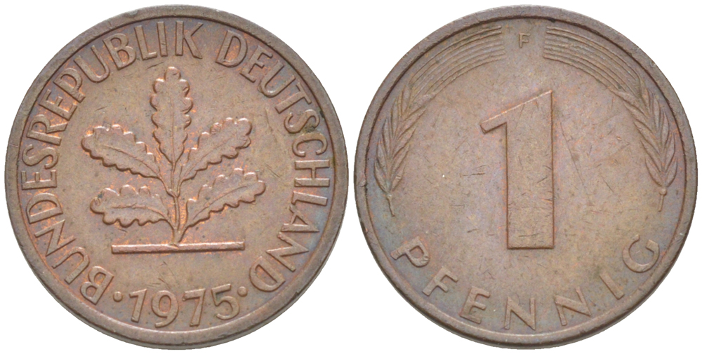 ФРГ 1 ПФЕННИГ 1975 F KM 105, J. 380 сталь плакированная медью 4181-618
