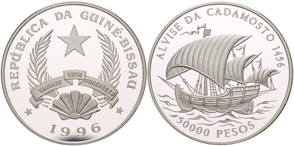 Гвинея-Бисау 50000 песо 1996 Алоизий Када-Мосто, парусник KM 37 серебро PROOF 1081-6-61