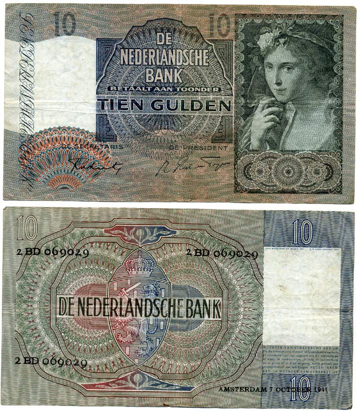 Нидерланды 10 гульденов 1941 красавица пастушка, серия 2 BD Pick 56 b, Akkermans 31.2 бумага 7553-26-2-1