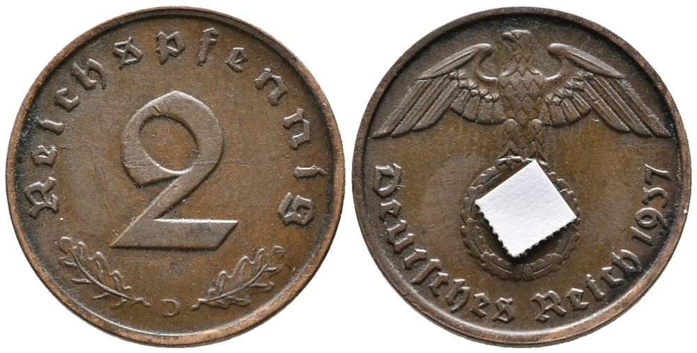 ГЕРМАНИЯ 2 РЕЙХСПФЕННИГА 1937 D KM 90, J. 362 бронза 24-755