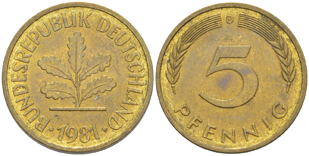 ФРГ 5 ПФЕННИГОВ 1981 D KM 107, J. 382 сталь плакированная латунью 4181-1013