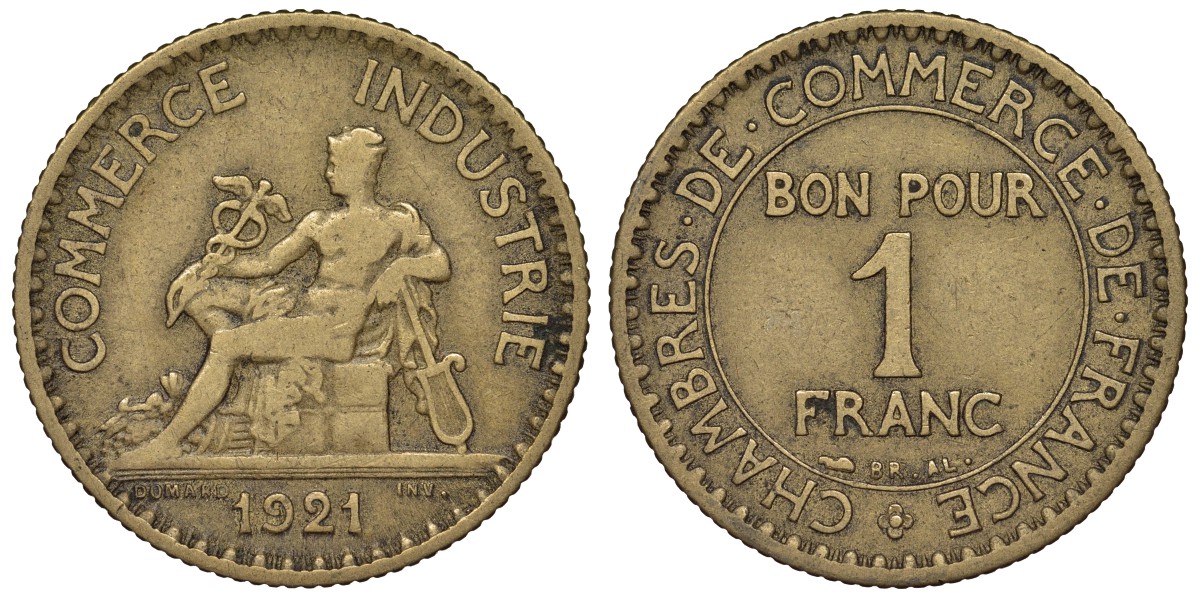 Франция 1 франк 1921 тип Chambres de Commerce KM 876, Le Franc 218.3 алюминиевая бронза 4128-253