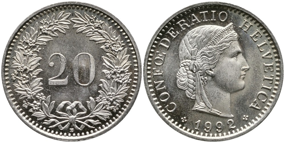 ШВЕЙЦАРИЯ 20 РАППЕНОВ 1992 В KM 29а медно-никель UNC 4539-643