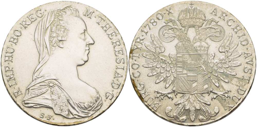 Австрия 1 талер 1780 SF, Мария Терезия, официальный рестрайк KM Т1 серебро UNC 650-444