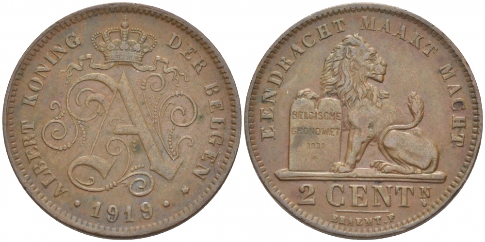 БЕЛЬГИЯ 2 САНТИМА 1919 BELGEN KM 65 медь 110-215