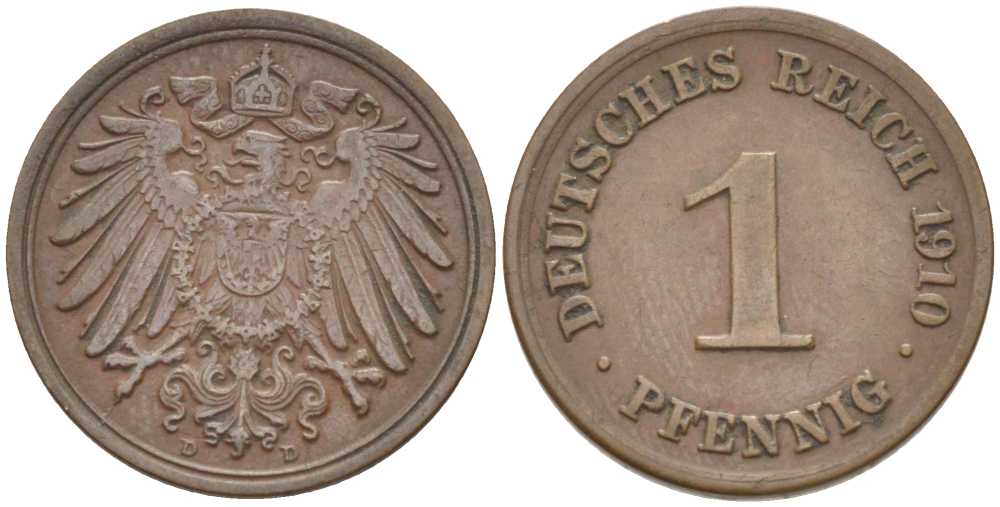 ГЕРМАНИЯ 1 ПФЕННИГ 1910 D KM 10, J. 10, Weege 2 медь 211-434