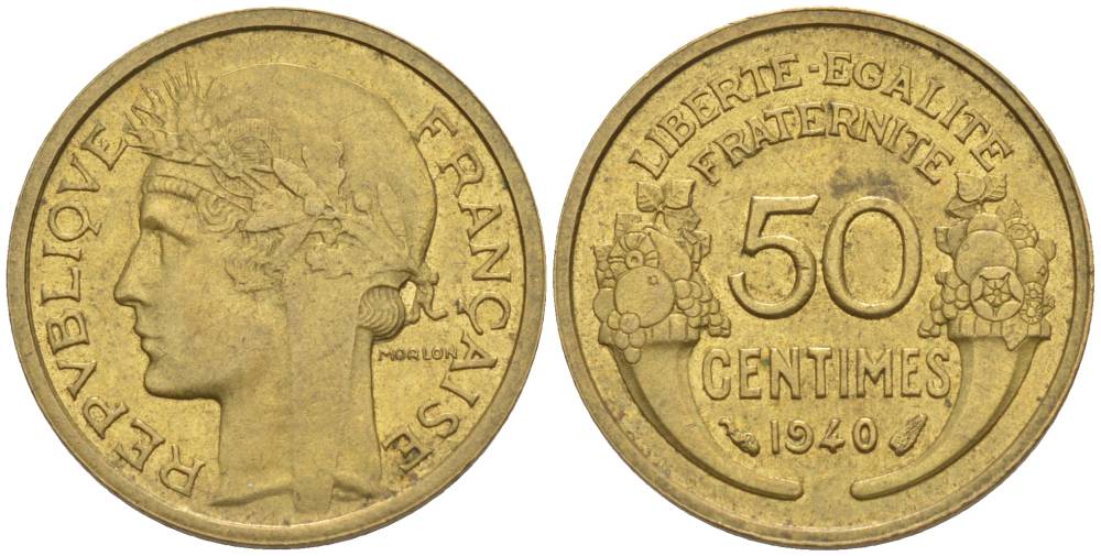 ФРАНЦИЯ 50 САНТИМОВ 1940 ТИП MORLON KM 894.1, LE FRANC 192.17 алюминиевая бронза 44-762