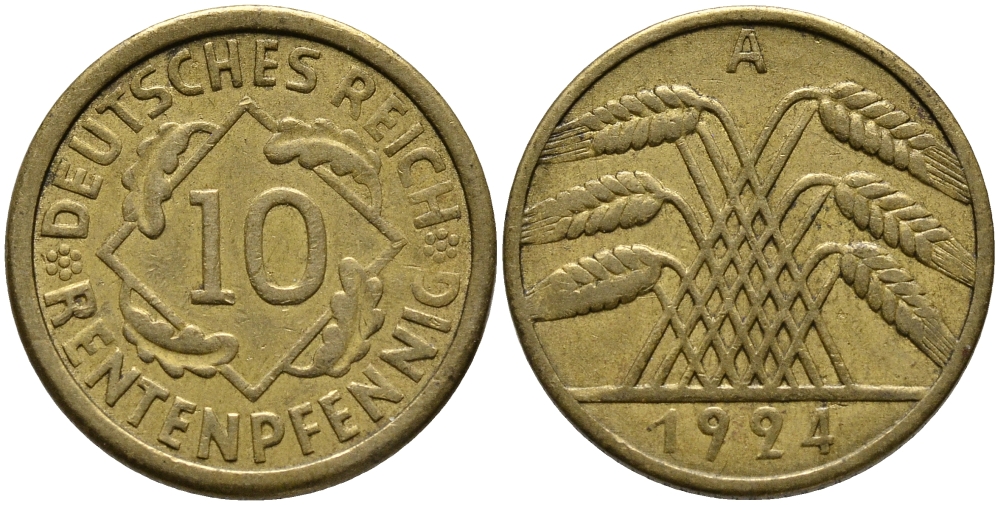 ГЕРМАНИЯ 10 РЕНТЕНПФЕННИГОВ 1924 А KM 33, J. 309, Weege 8 алюминиевая бронза 51-436